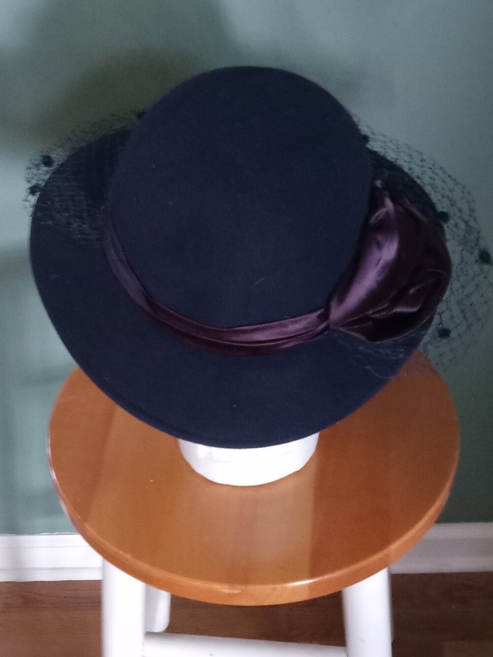 Veiled/Ribboned Navy Wool "Church Hat" by Michael Howard - Picture 6 of 10